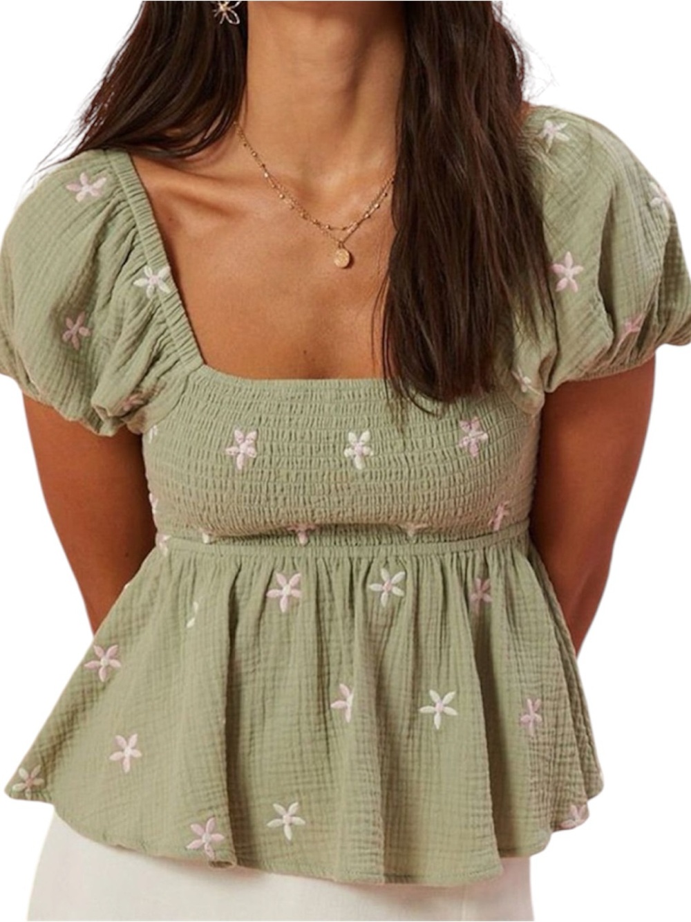 Altar'd State Sage Gauze Smocked Peplum Top with Pink Floral Embroidery